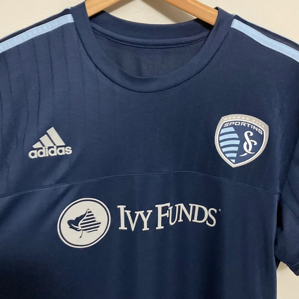 Sporting KC Adidas Dark Blue Soccer Jersey with Light Blue Stripes, Size XL